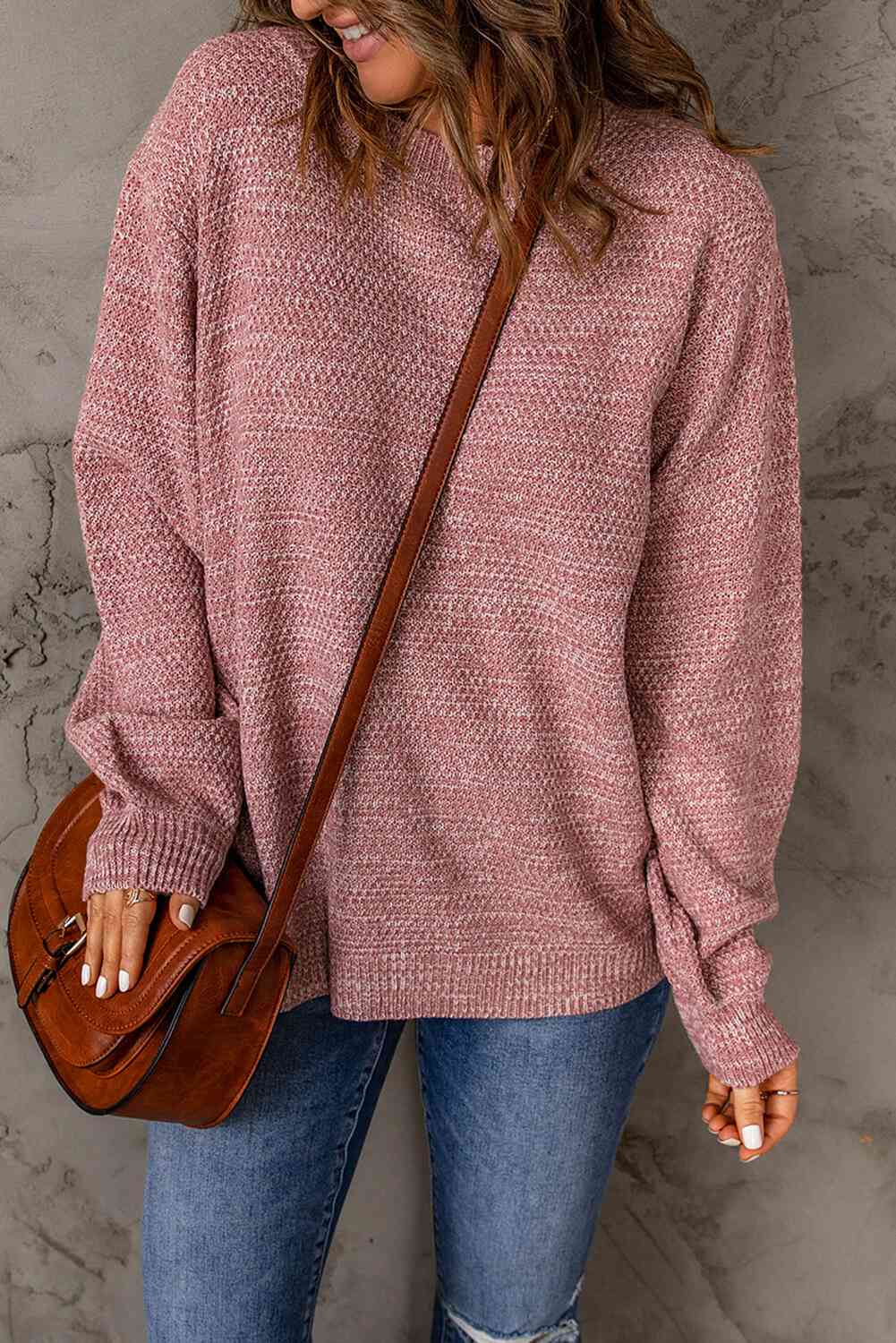 Double Take Heathered Dropped Shoulder Round Neck Sweater