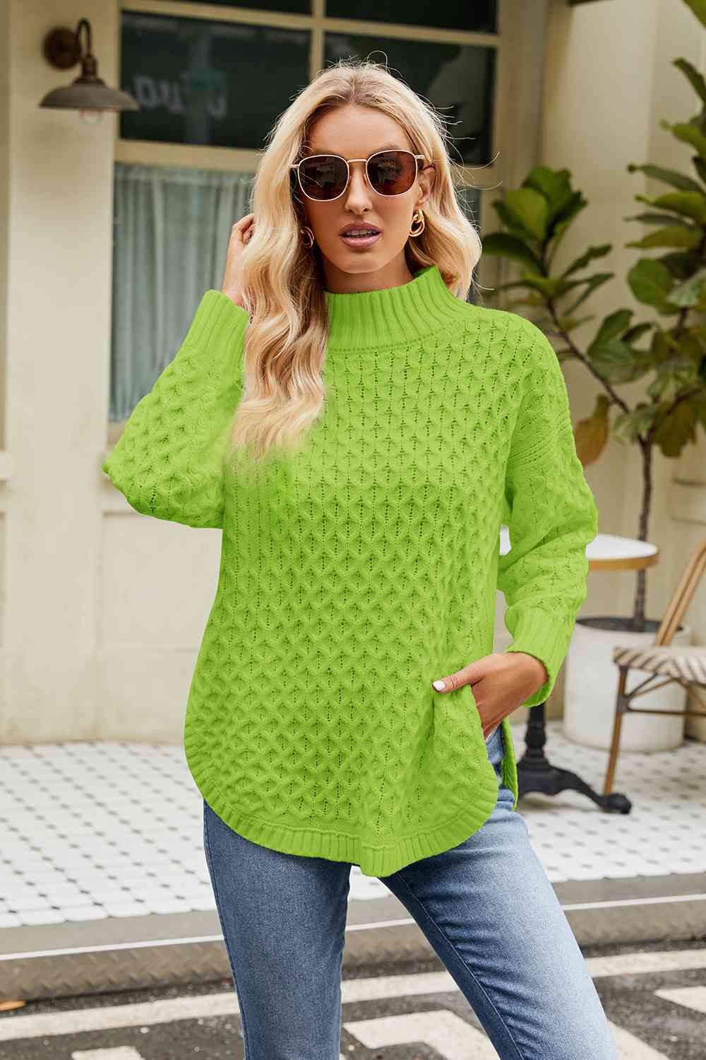 Slit Long Sleeve Mock Neck Sweater - Deals DejaVu