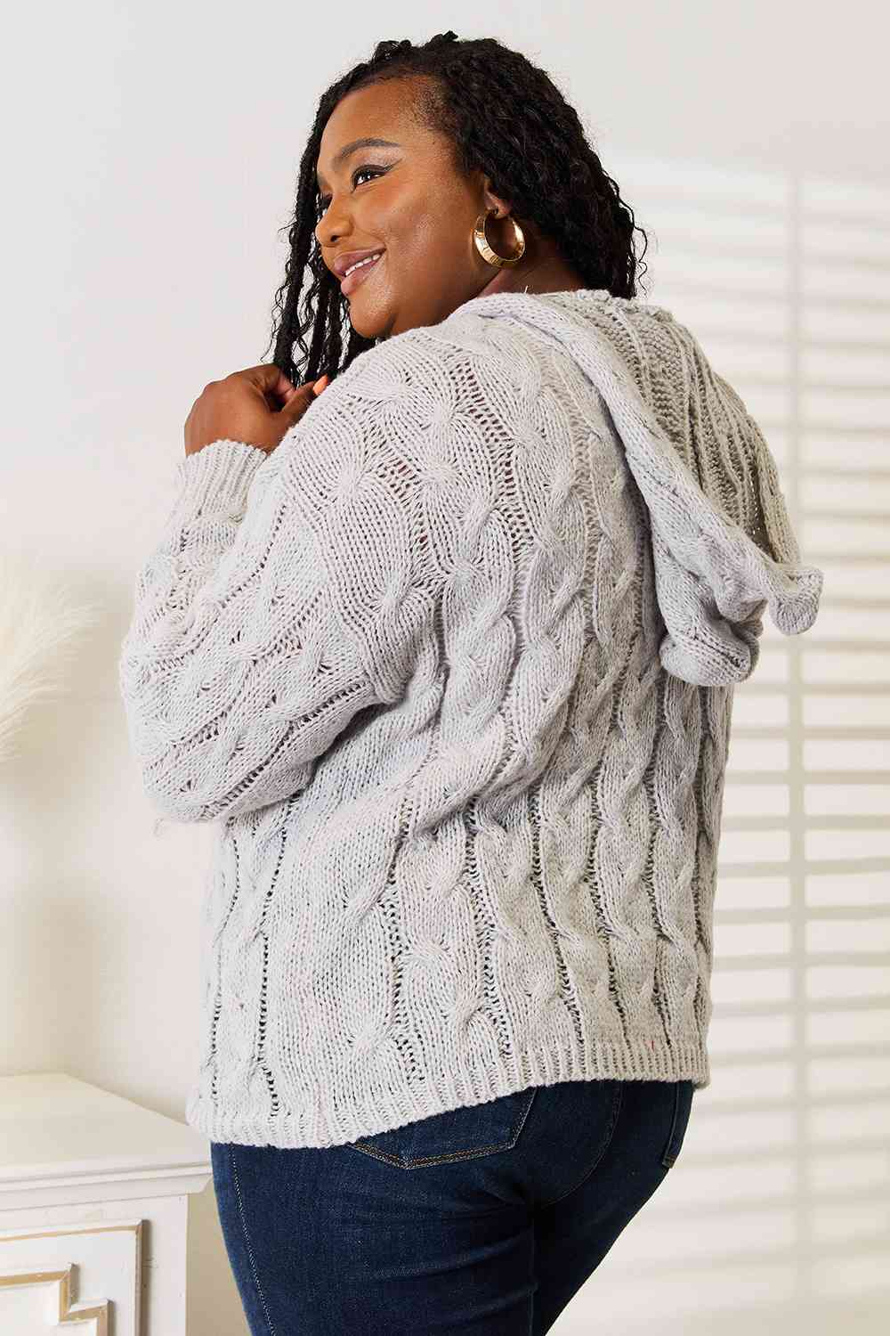 Woven Right Cable-Knit Hooded Sweater - Deals DejaVu