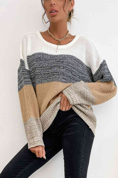 Striped Round Neck Long Sleeve Sweater - Deals DejaVu