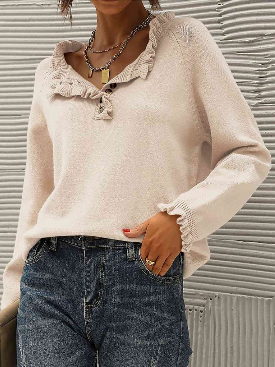 Ruffled Quarter-Button Sweater - Deals DejaVu