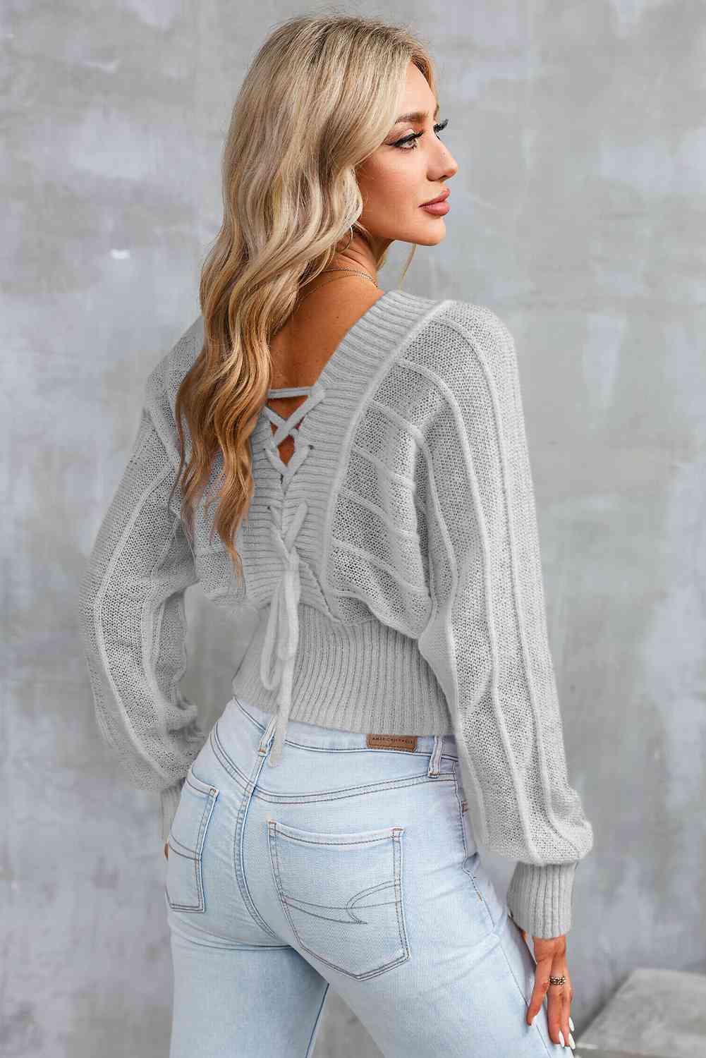 Surplice Neck Lace-Up Sweater - Deals DejaVu