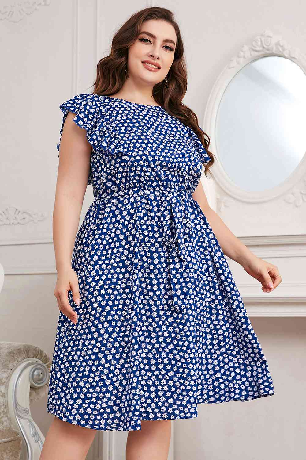 Plus Size Round Neck Tie Waist Dress (MWBT) T - Deals DejaVu