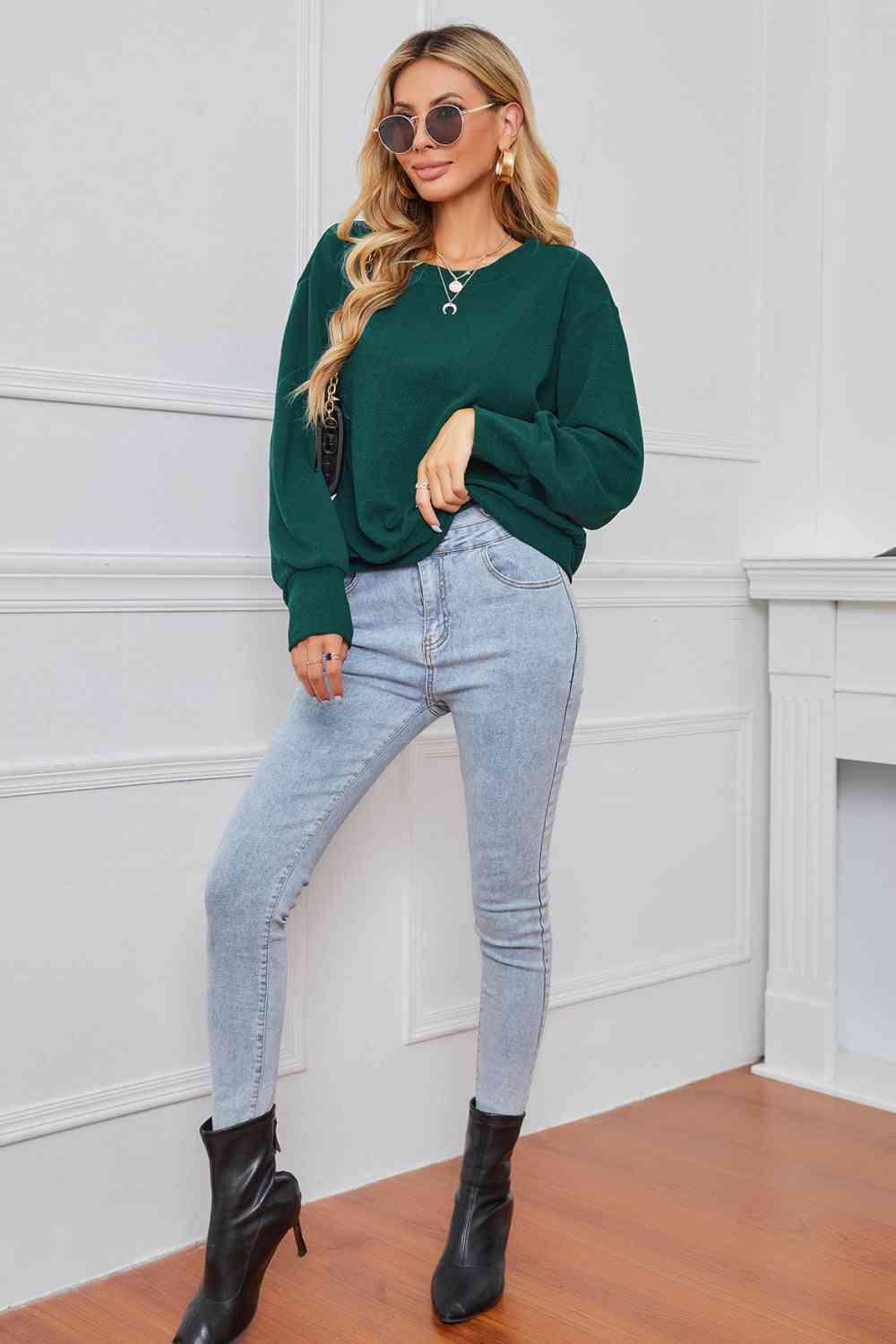 Double Take Round Neck Dropped Shoulder Pullover Sweater