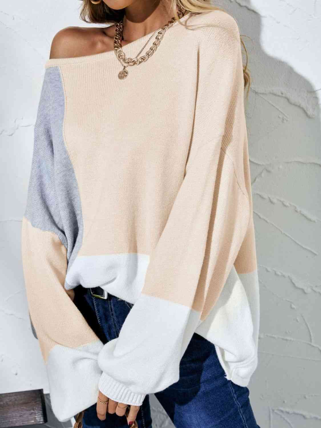 Color Block Balloon Sleeve Boat Neck Sweater - Deals DejaVu