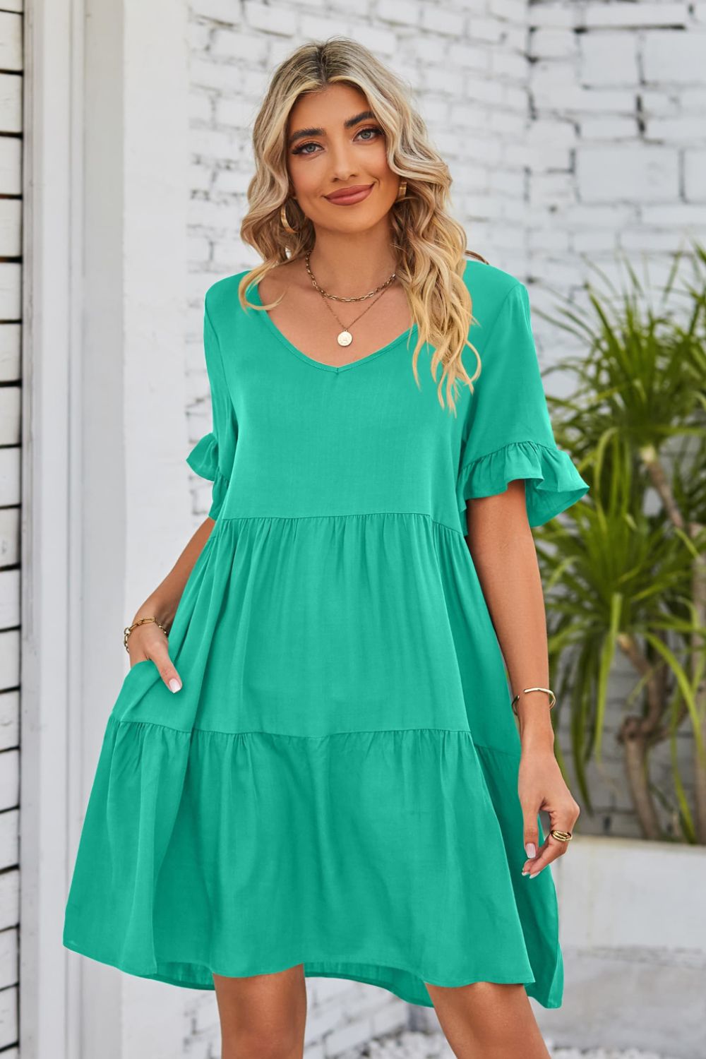 V-Neck Flounce Sleeve Tiered Dress (BWD)(WS06)T - Deals DejaVu