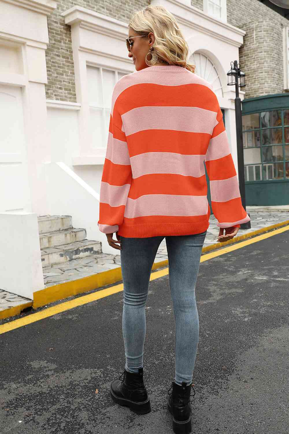 Striped Balloon Sleeve Knit Pullover - Deals DejaVu