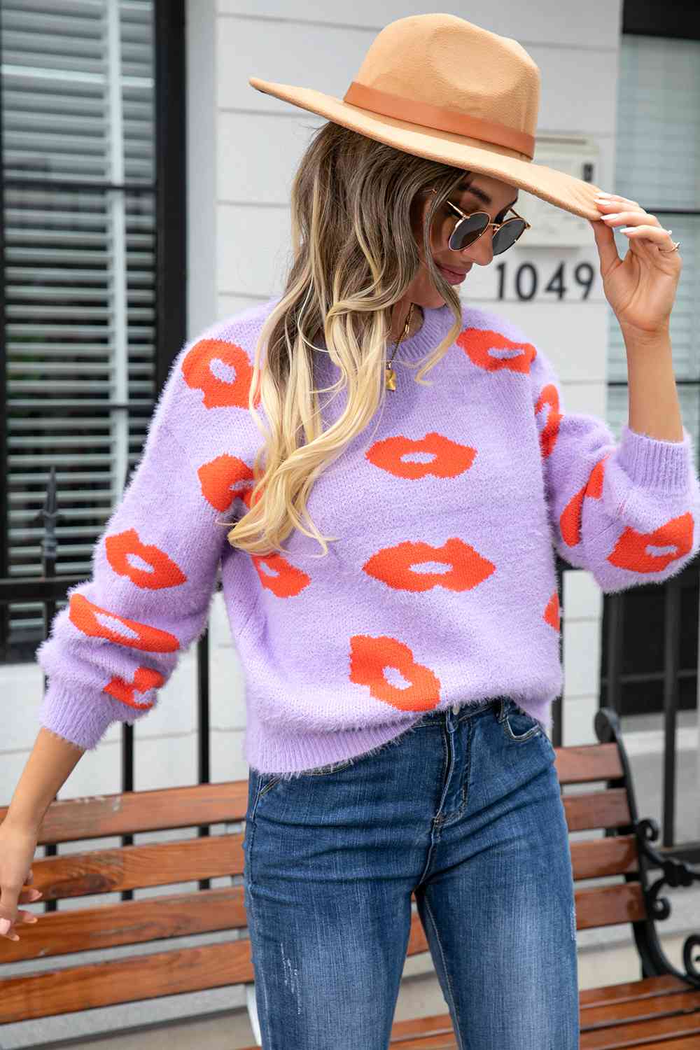 Printed Round Neck Long Sleeve Fuzzy Sweater - Deals DejaVu