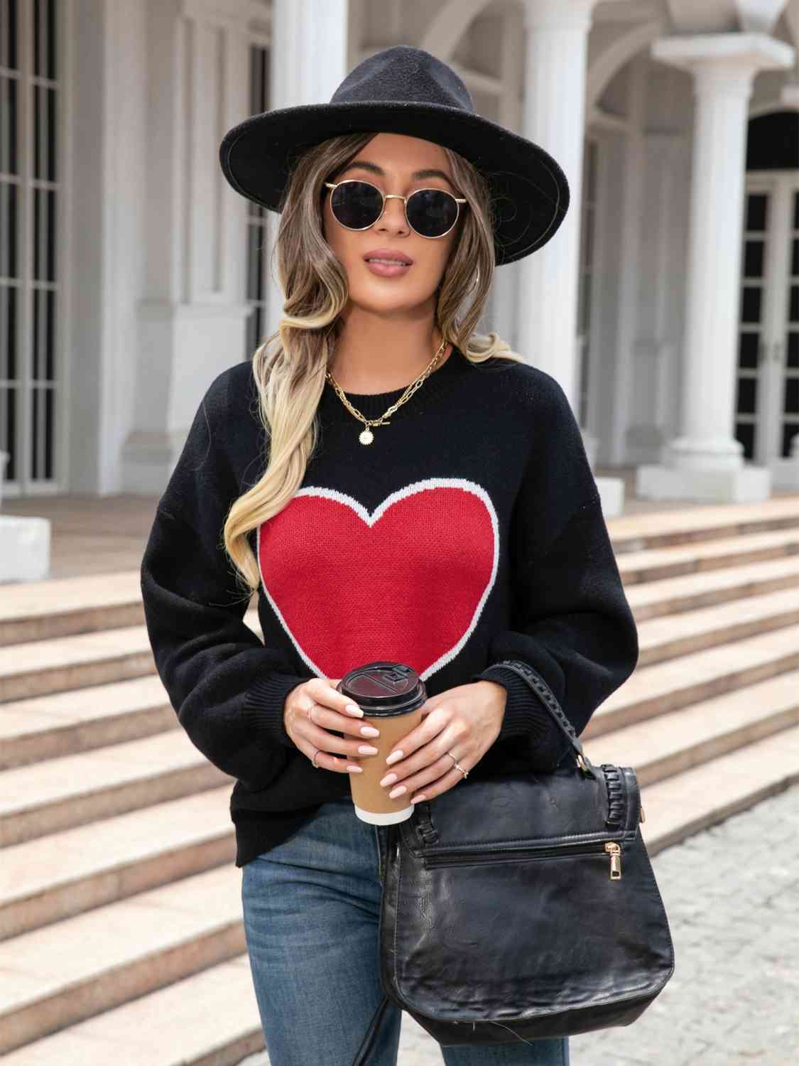 Heart Graphic Round Neck Sweater - Deals DejaVu