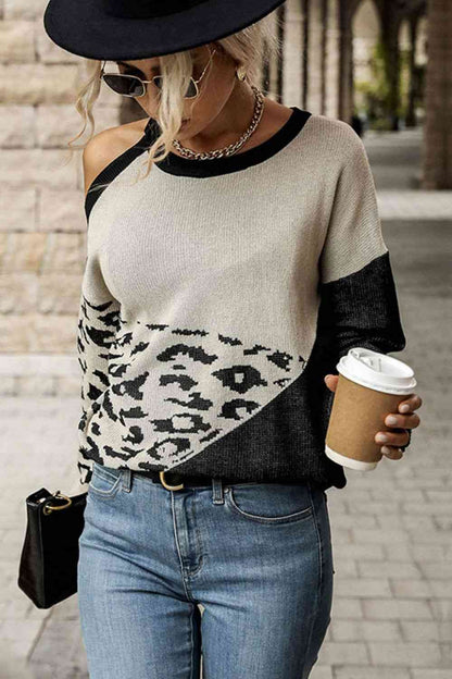 Leopard Color Block Cold-Shoulder Sweater - Deals DejaVu