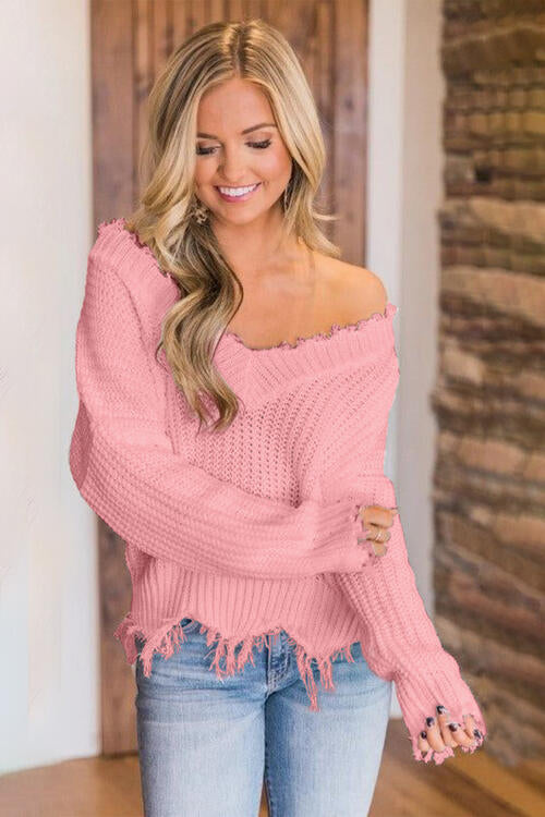 Frayed Hem Dropped Shoulder Sweater - Deals DejaVu