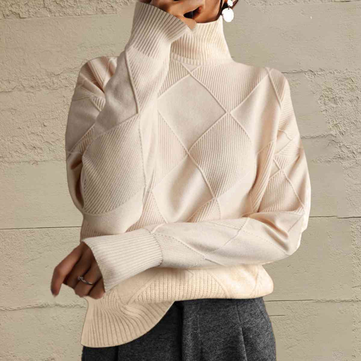 Geometric Turtleneck Long Sleeve Sweater - Deals DejaVu