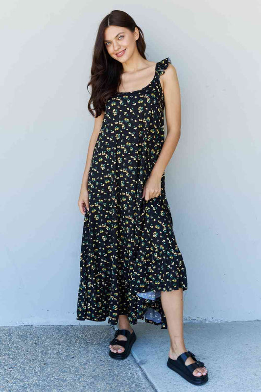 Doublju In The Garden Ruffle Floral Maxi Dress in Black Yellow Floral (BWMT) T - Deals DejaVu