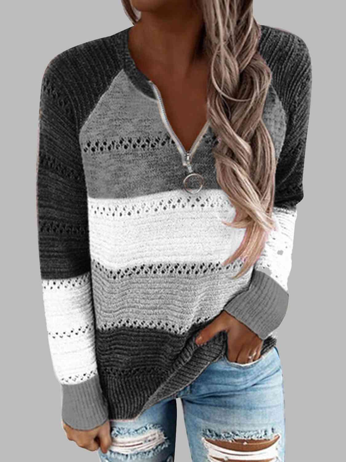 Full Size Color Block Half Zip Sweater - Deals DejaVu