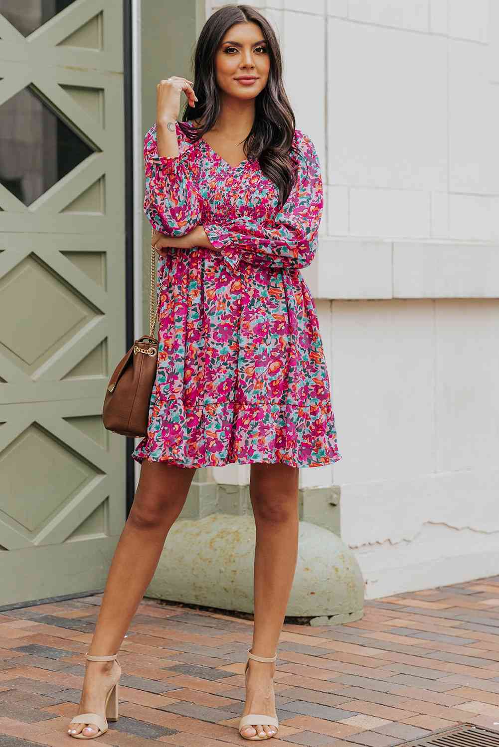 Floral Smocked V-Neck Flounce Sleeve Dress (MWBT) T - Deals DejaVu