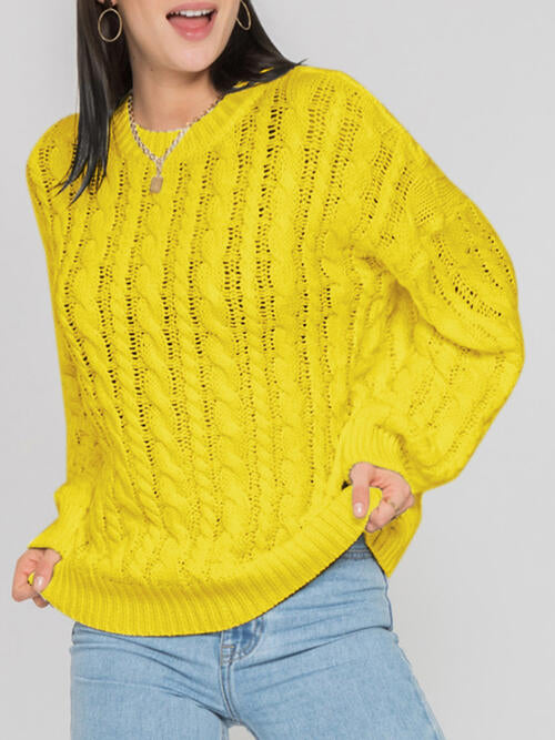 Openwork Round Sleeve Cable-Knit Sweater - Deals DejaVu