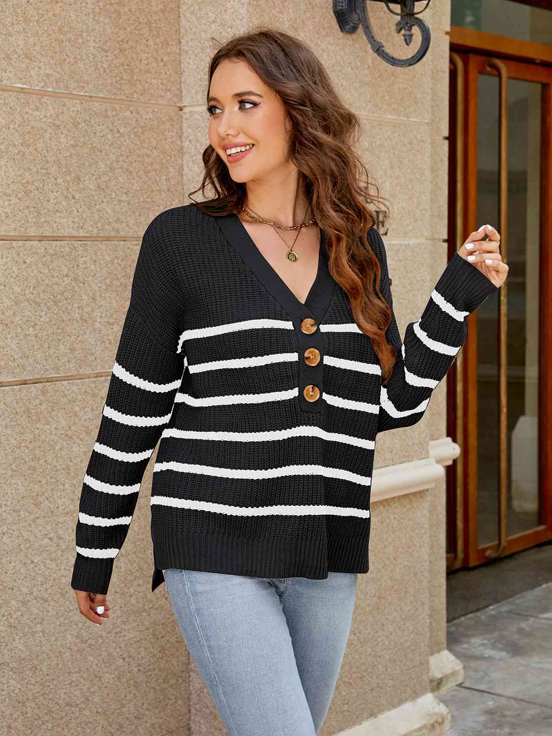 V-Neck Striped Dropped Shoulder Sweater - Deals DejaVu