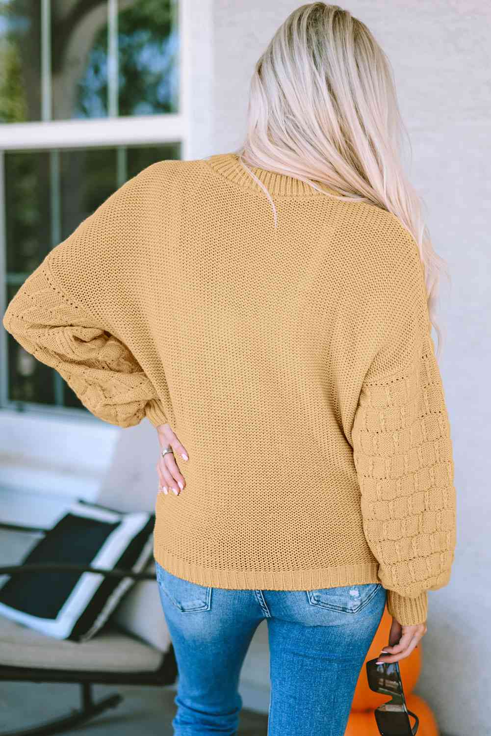 Round Neck Dropped Shoulder Waffle-Knit Sweater