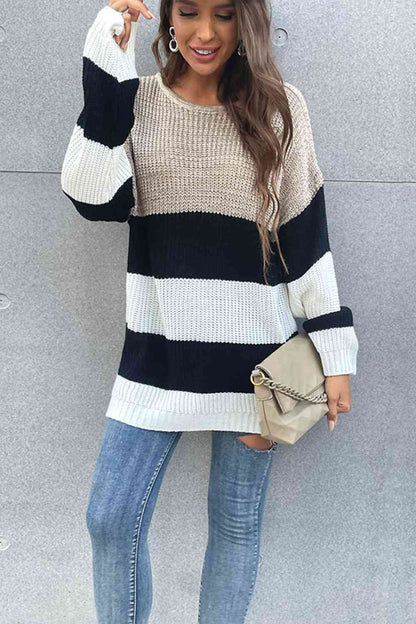 Color Block Striped Long Sleeve Sweater - Deals DejaVu