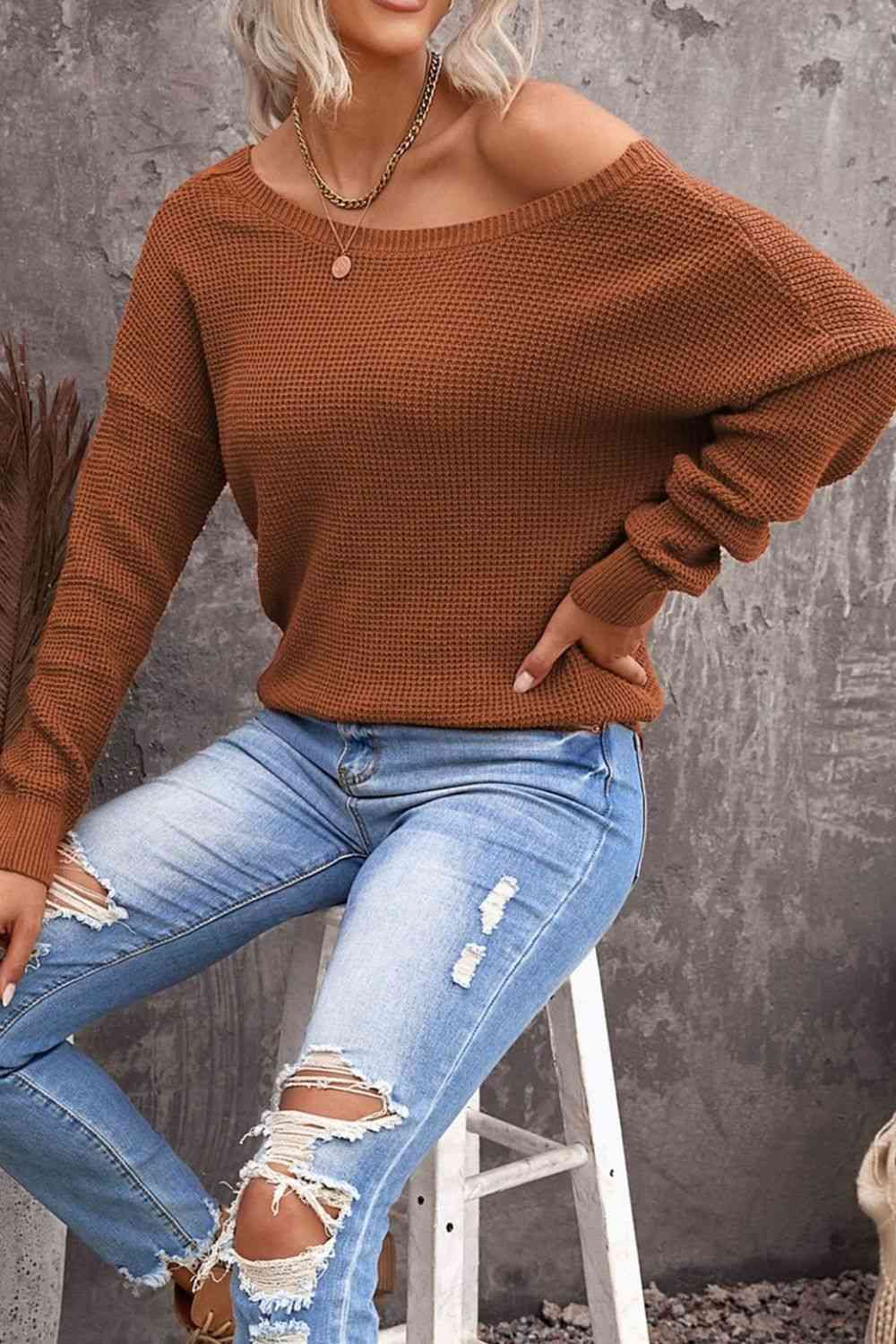 Woven Right Crisscross Back Waffle-Knit Sweater - Deals DejaVu