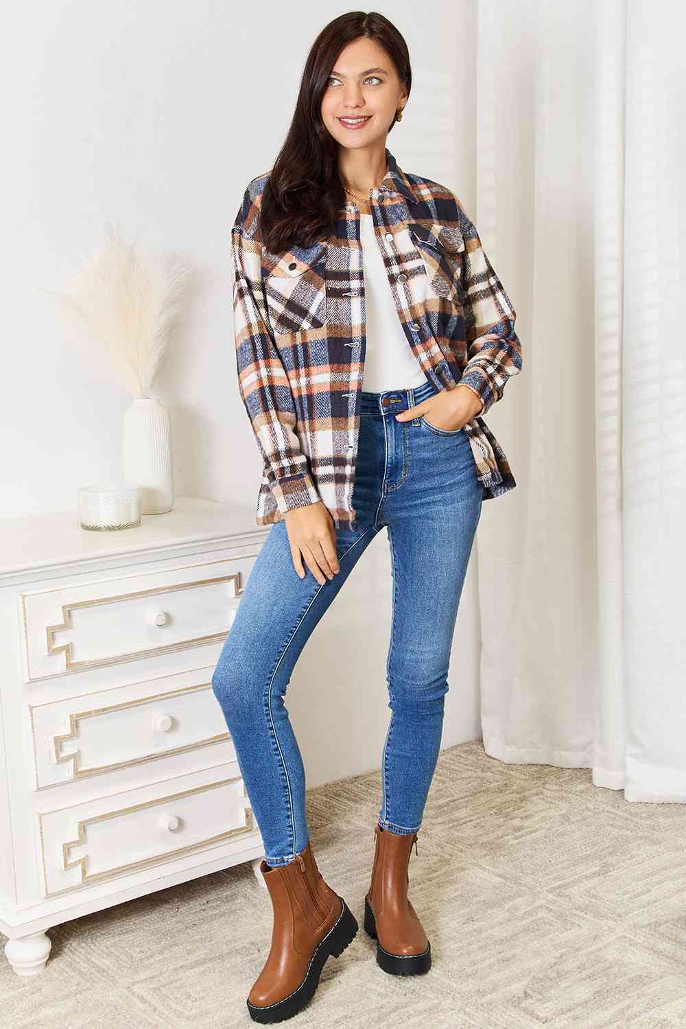 Double Take Plaid Button Front Shirt Jacket with Breast Pockets (BFD) T - Deals DejaVu