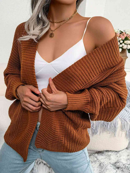 Rib-Knit Open Front Dolman Sleeve Cardigan