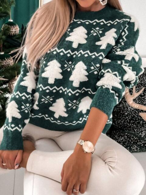 Christmas Tree Round Neck Sweater - Deals DejaVu