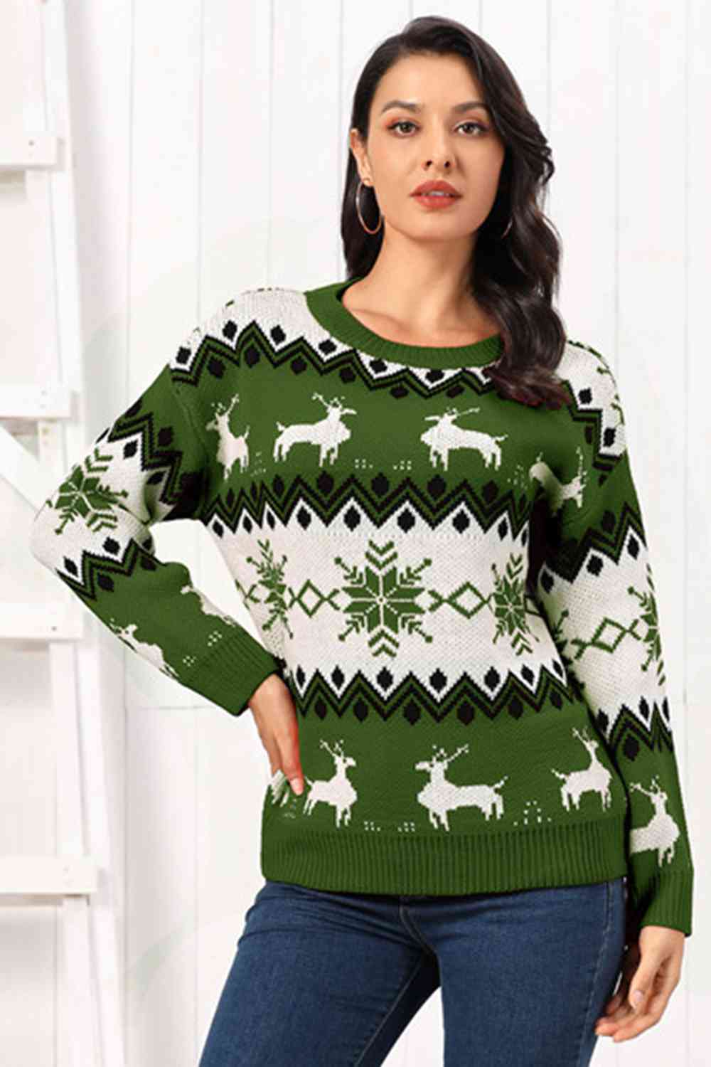 Reindeer Round Neck Sweater - Deals DejaVu