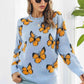 Butterfly Pattern Round Neck Dropped Shoulder Sweater - Deals DejaVu