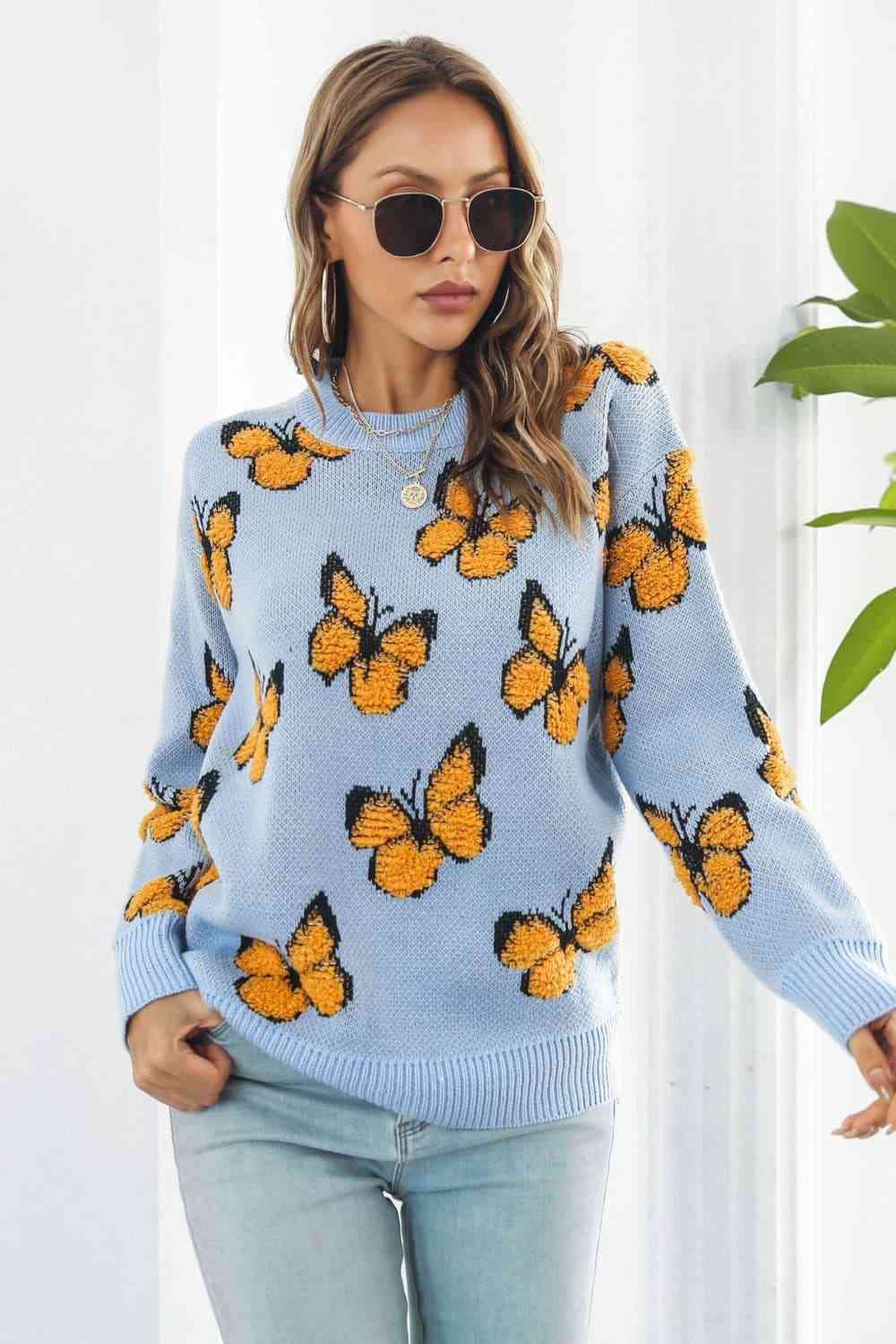 Butterfly Pattern Round Neck Dropped Shoulder Sweater - Deals DejaVu