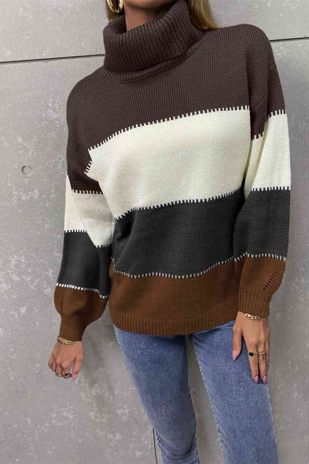 Color Block Lantern Sleeve Turtleneck Sweater - Deals DejaVu