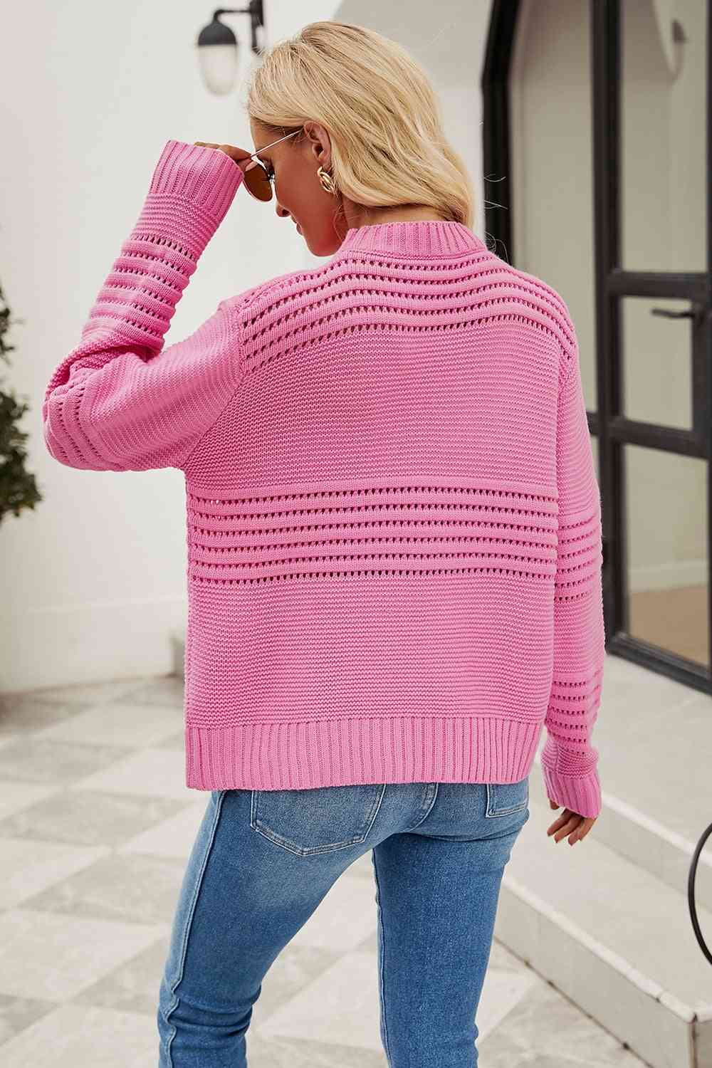 Round Neck Openwork Long Sleeve Pullover Sweater - Deals DejaVu