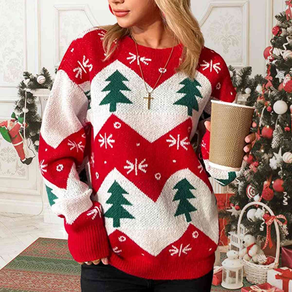 Christmas Tree Print Round Neck Sweater - Deals DejaVu