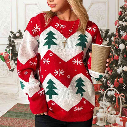 Christmas Tree Print Round Neck Sweater - Deals DejaVu