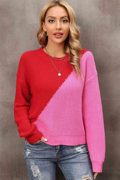 Two-Tone Round Neck Dropped Shoulder Sweater - Deals DejaVu