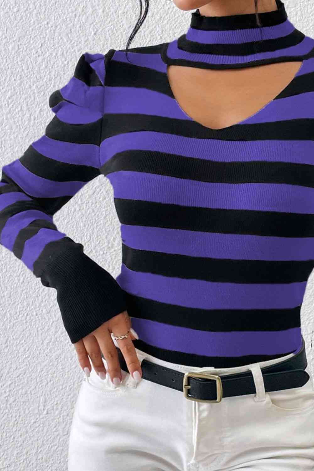 Striped Cutout Mock Neck Knit Top - Deals DejaVu