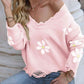 Flower Distressed Ribbed Trim Sweater - Deals DejaVu