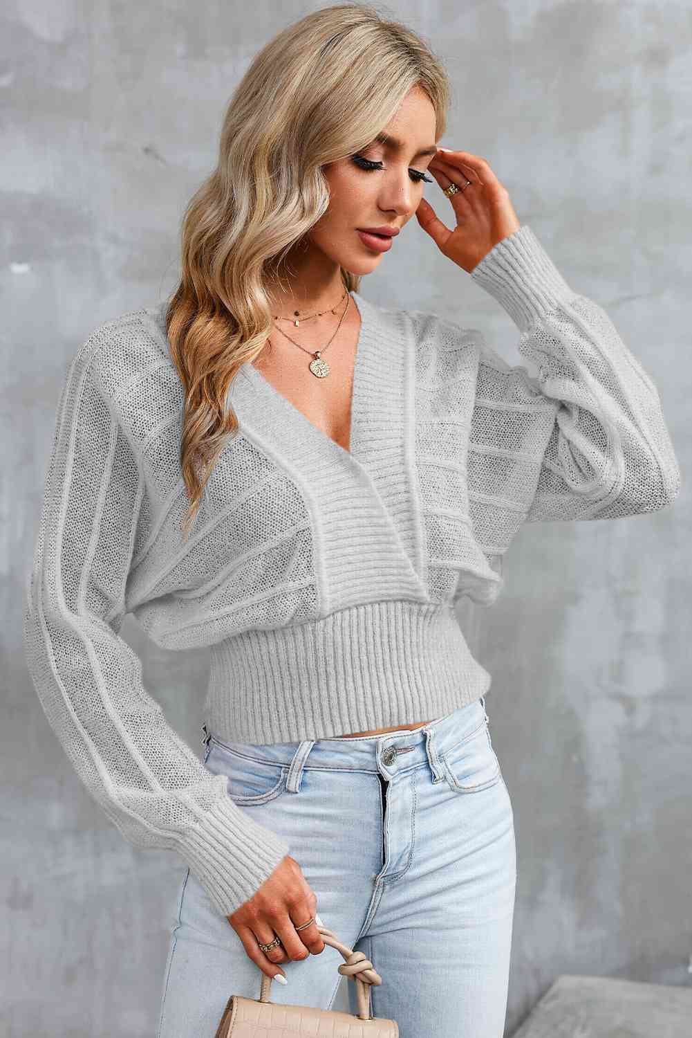 Surplice Neck Lace-Up Sweater - Deals DejaVu