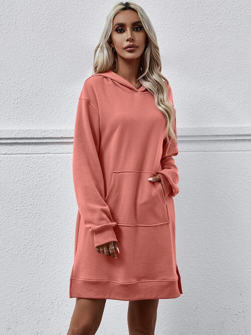 Slit Long Sleeve Hooded Dress with Pocket (MWBT) T - Deals DejaVu