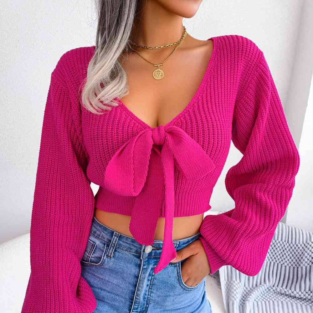 Tie-Front Rib-Knit Cropped Sweater - Deals DejaVu