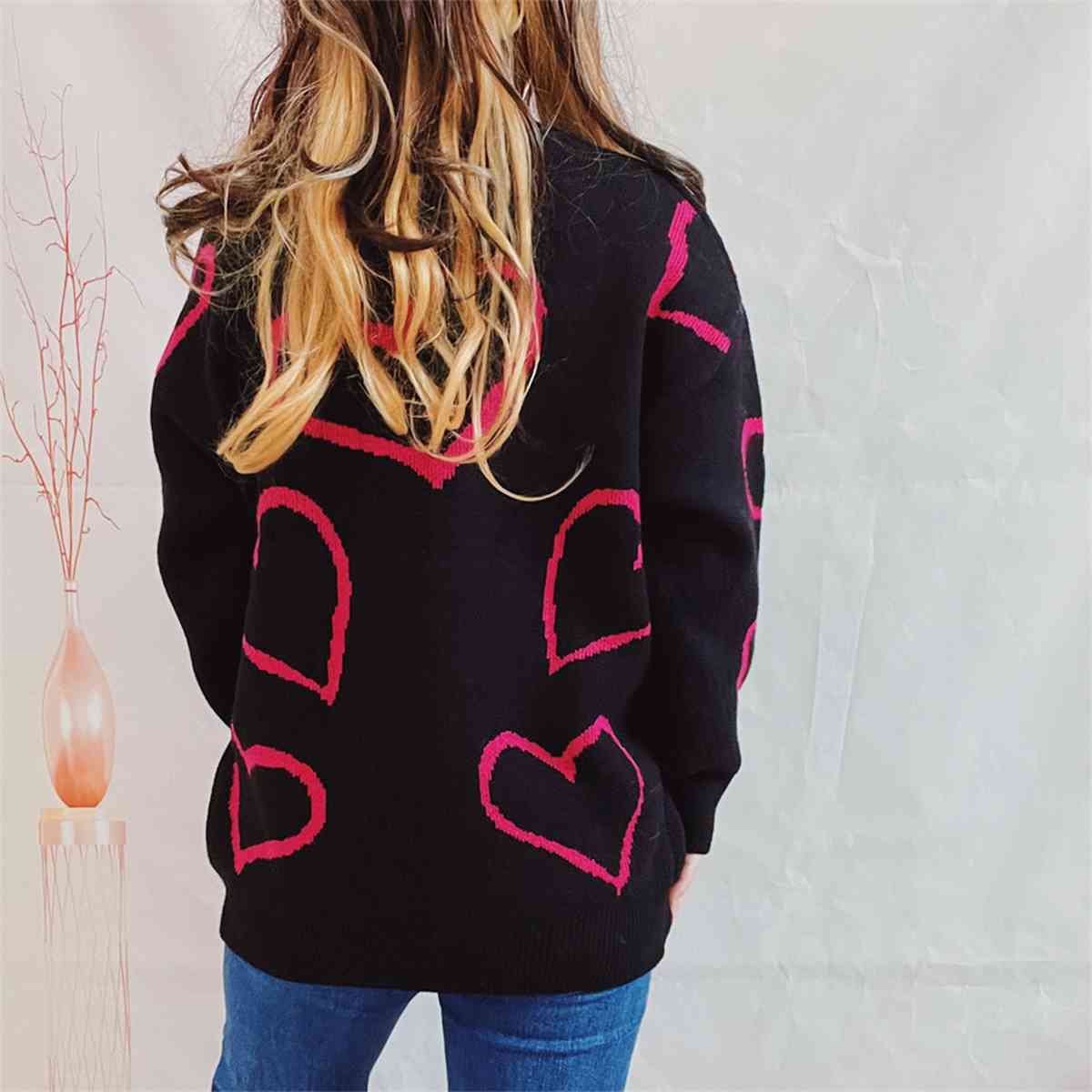 Heart Pattern Long Sleeve Sweater - Deals DejaVu