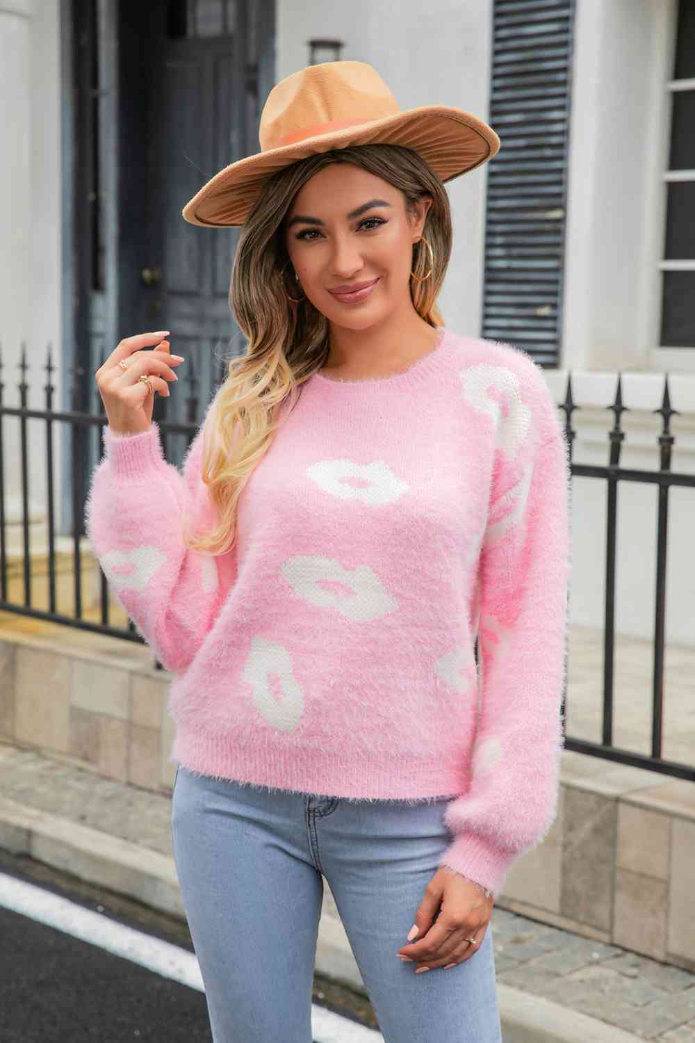 Printed Round Neck Long Sleeve Fuzzy Sweater - Deals DejaVu