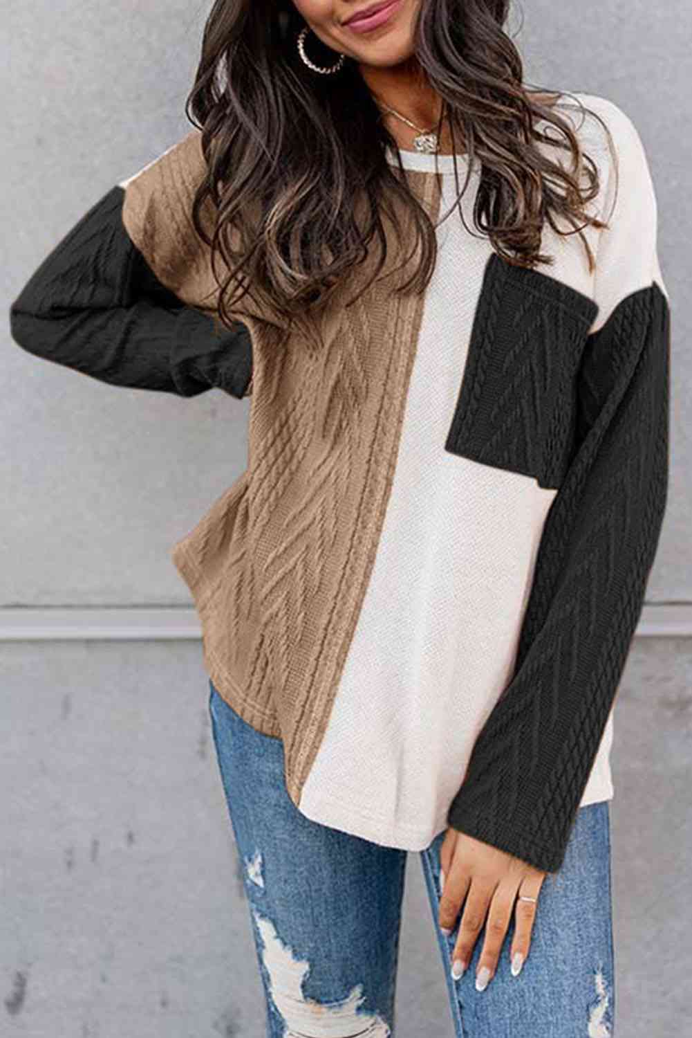 Full Size Color Block Cable-Knit Tops - Deals DejaVu