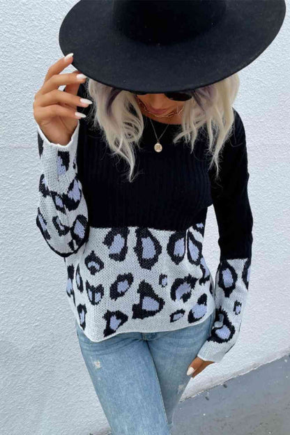 Leopard Color Block Sweater - Deals DejaVu