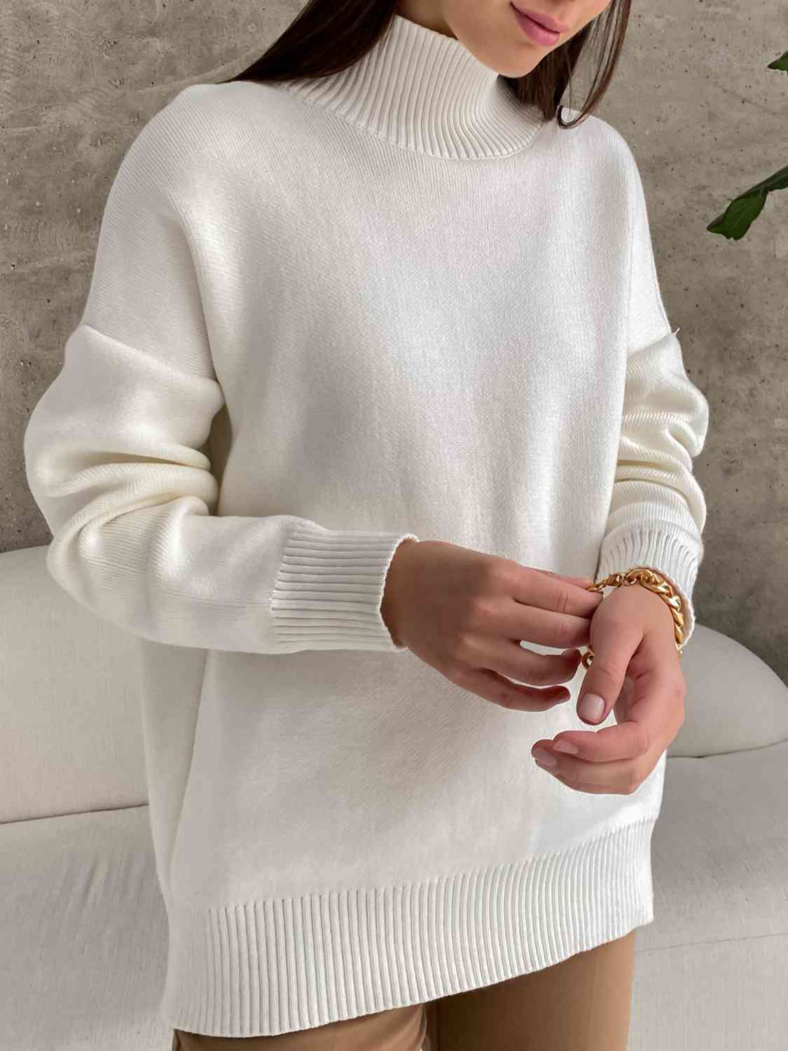 Mock Neck Dropped Shoulder Sweater - Deals DejaVu