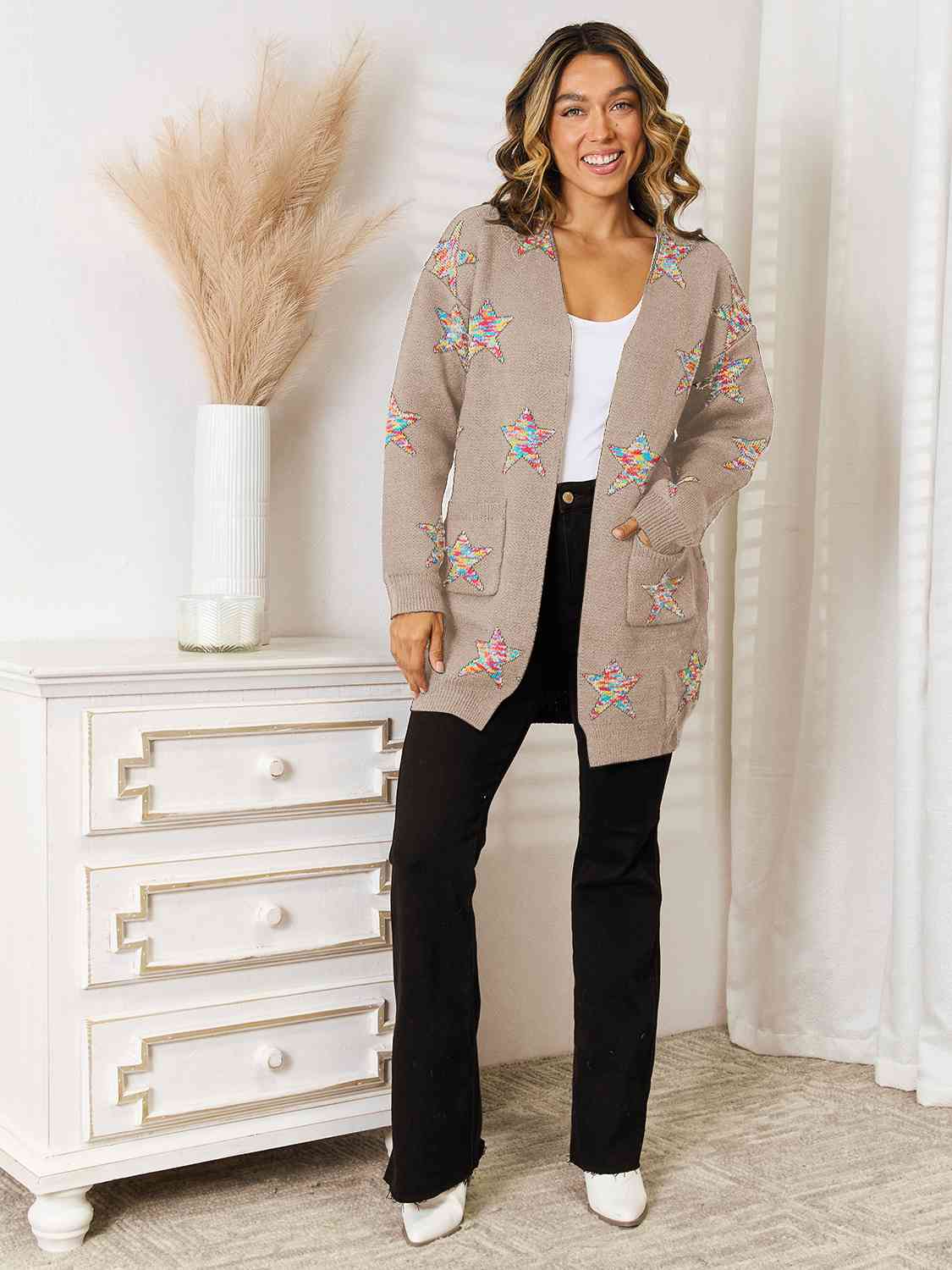 Star Pattern Open Front Cardigan with Pockets