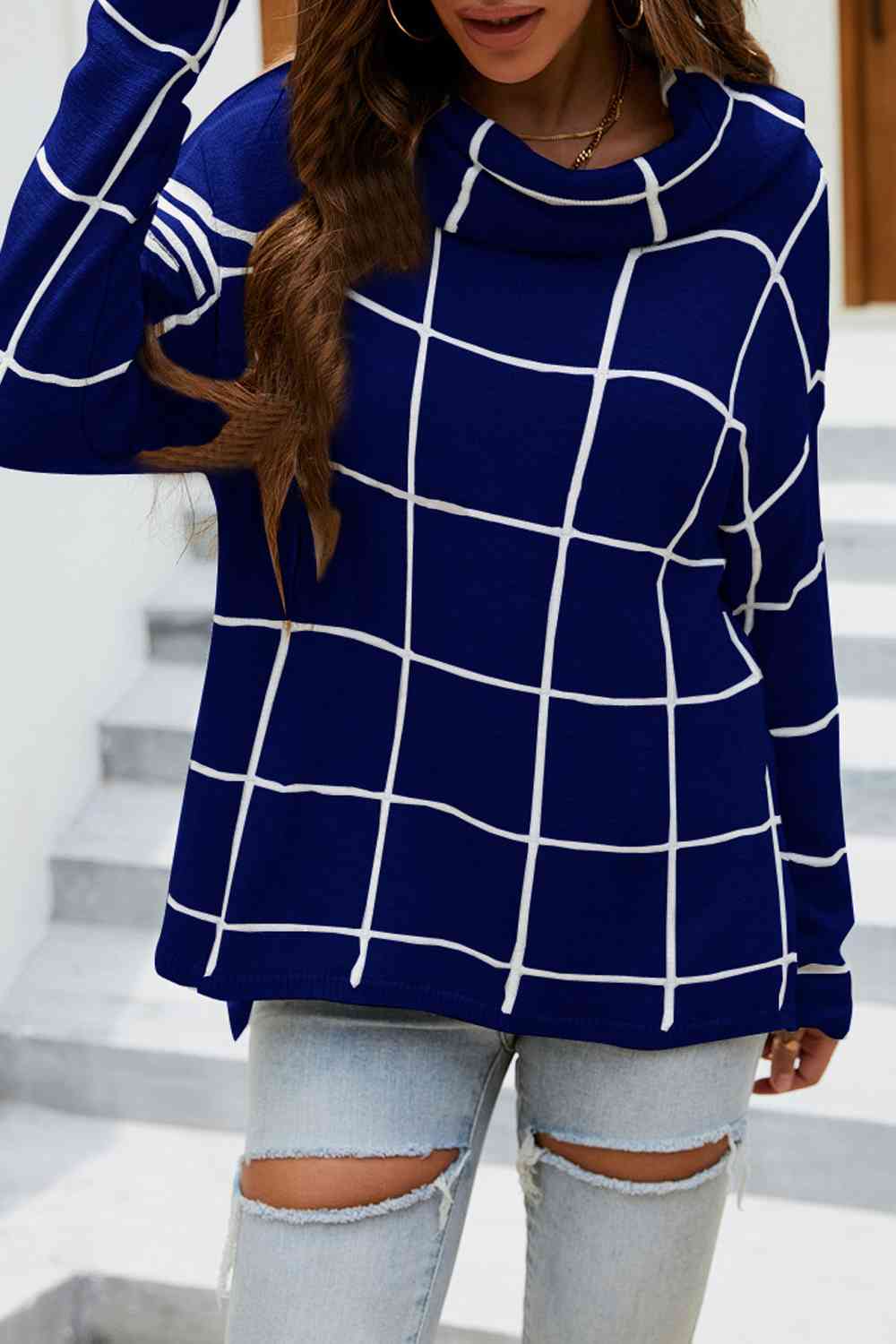 Plaid Turtleneck Drop Shoulder Sweater - Deals DejaVu