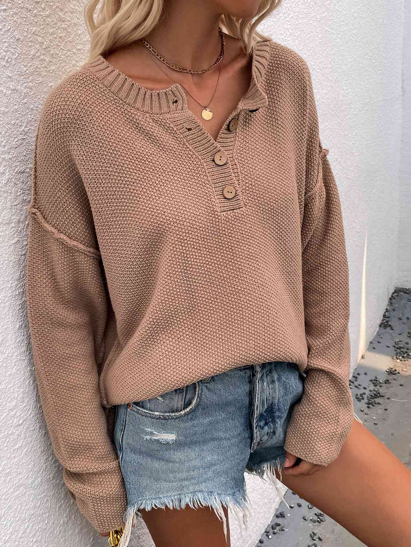 Buttoned Exposed Seam High-Low Sweater - Deals DejaVu