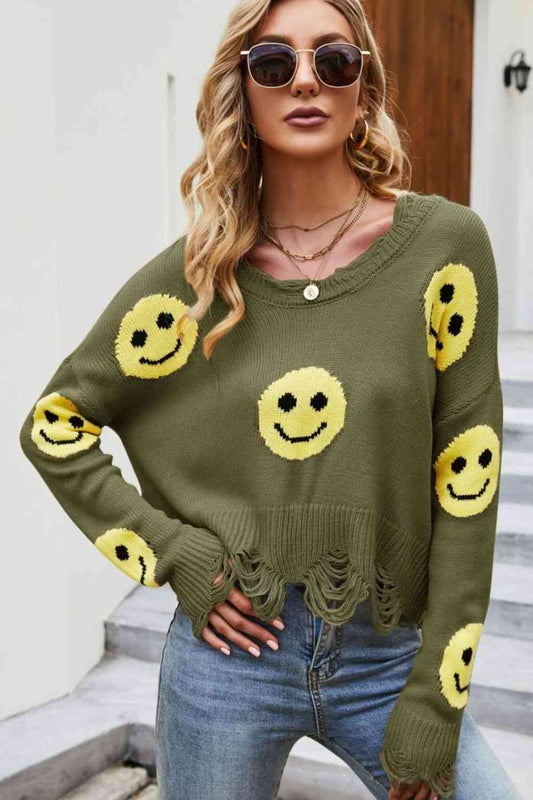 Smiley Face Distressed Round Neck Sweater - Deals DejaVu