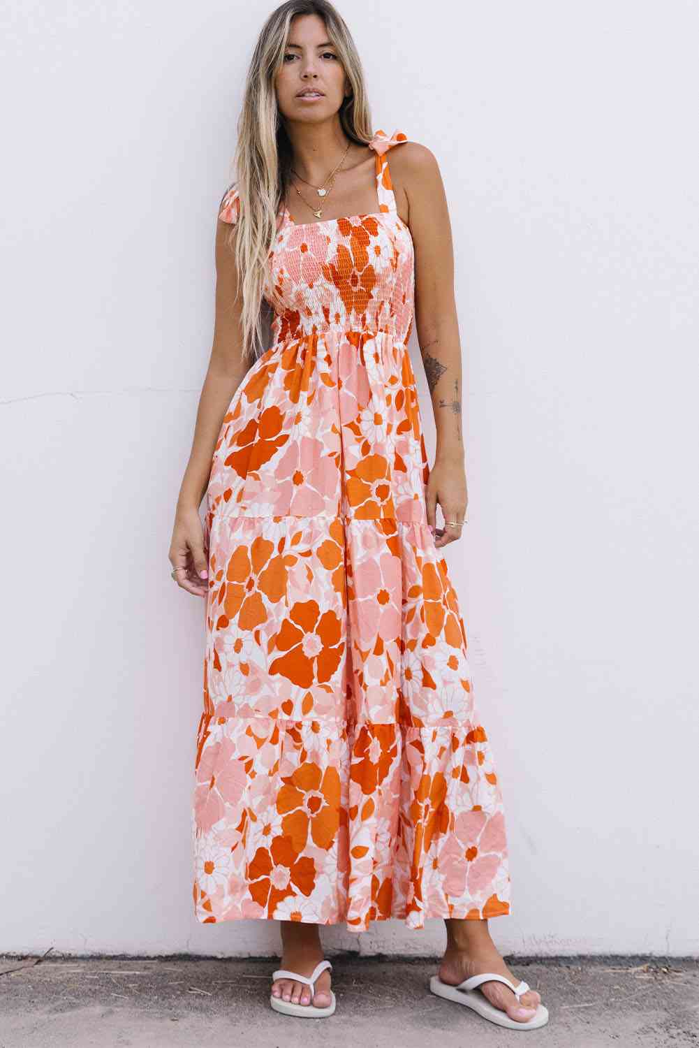 Floral Tie-Shoulder Smocked Maxi Dress (BWMT) T - Deals DejaVu